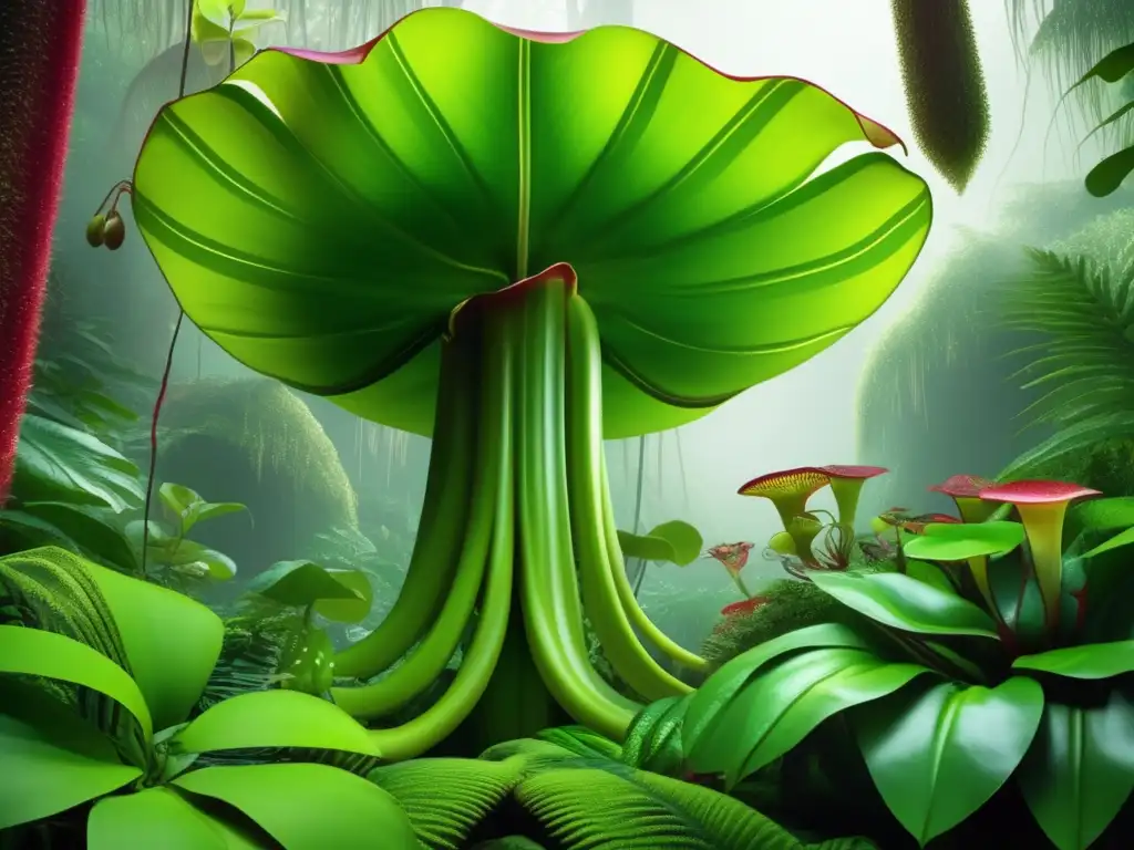 Imagen de una exuberante selva tropical con una planta carnívora atrapando presas