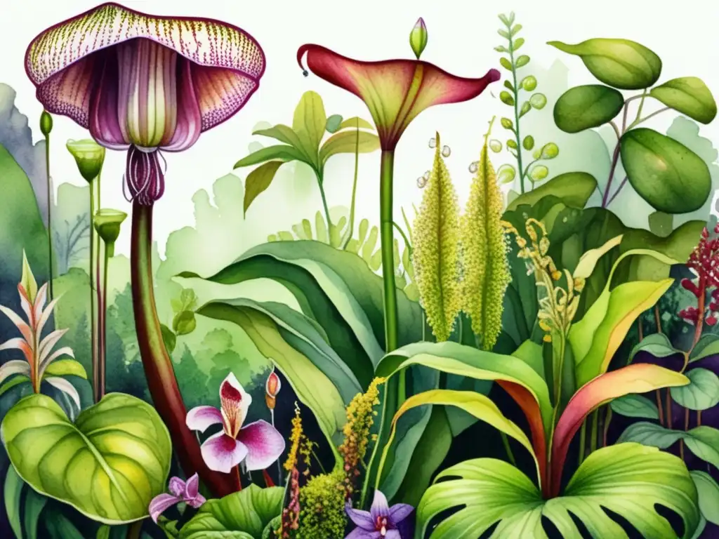 Ilustración acuarela detallada de la evolución de plantas carnívoras en exótica selva tropical