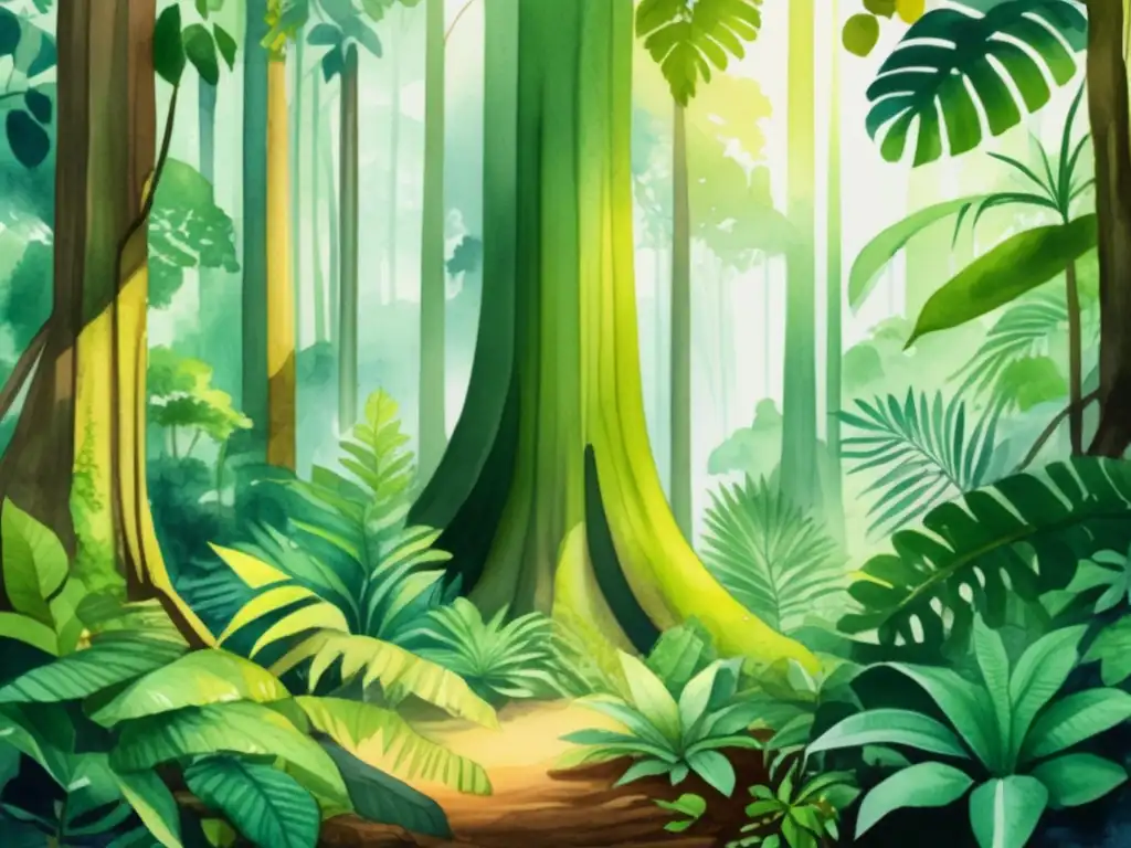 Ilustración acuarela detallada de un exuberante y vibrante bosque tropical con diversa vida vegetal