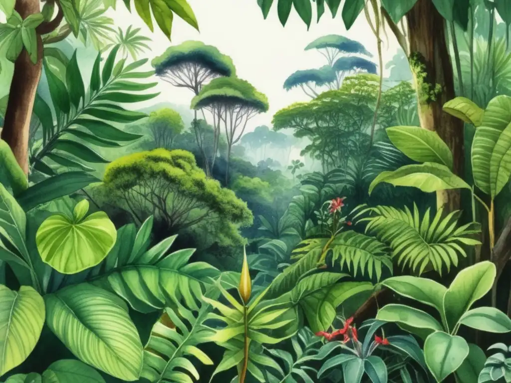 Ilustración acuarela detallada de una escena de selva tropical con plantas venenosas letales