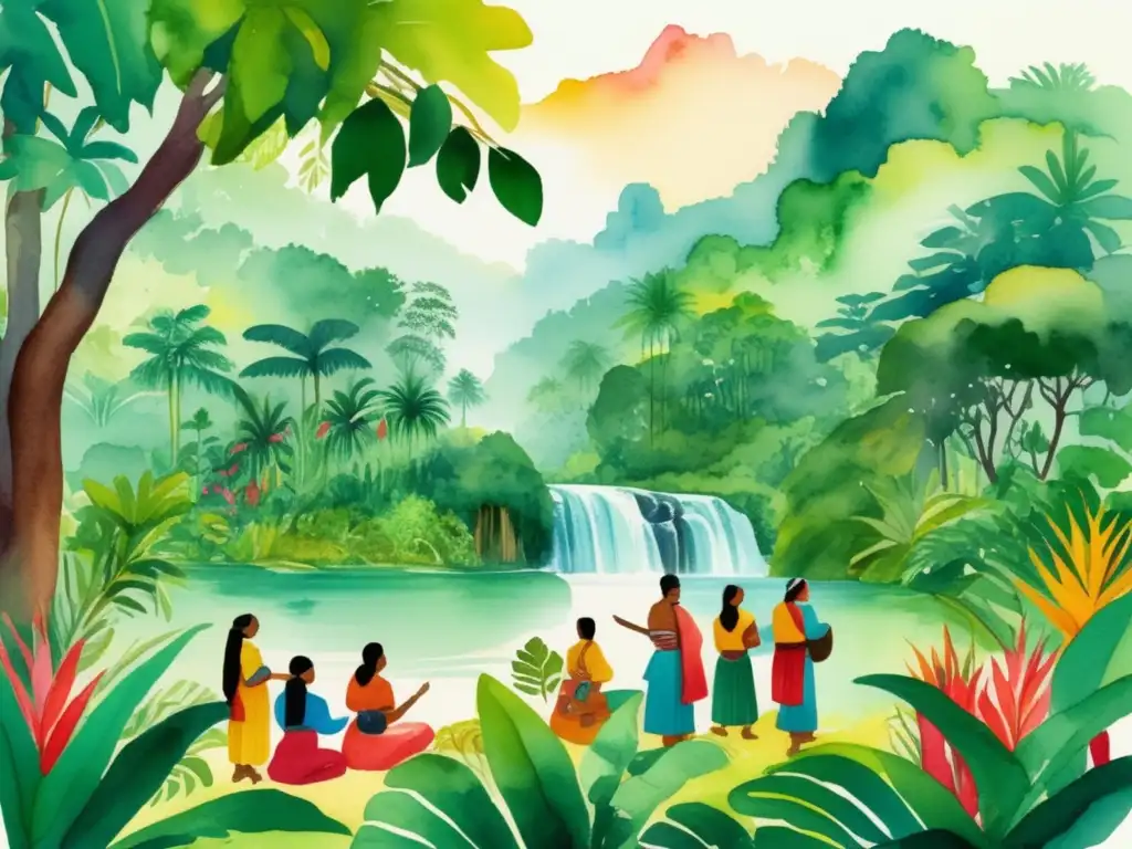 Ilustración vibrante de una escena de selva con árboles altos, follaje vibrante, río y personas indígenas recogiendo plantas medicinales en ritos