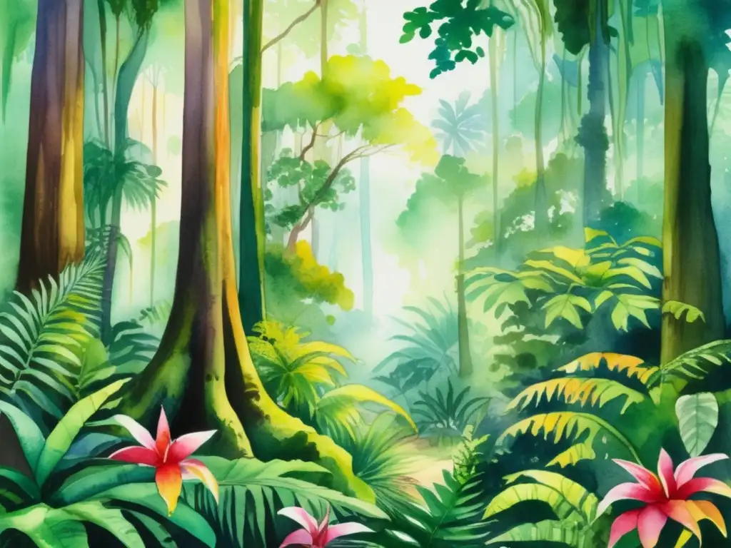 Pintura acuarela vibrante de selva tropical con plantas medicinales culturas indígenas