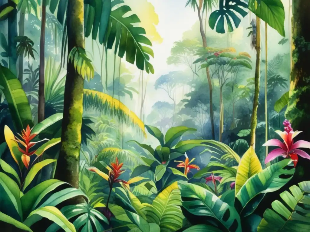 Pintura acuarela: bosque tropical con plantas exóticas, destacando la conservación de especies y leyes internacionales