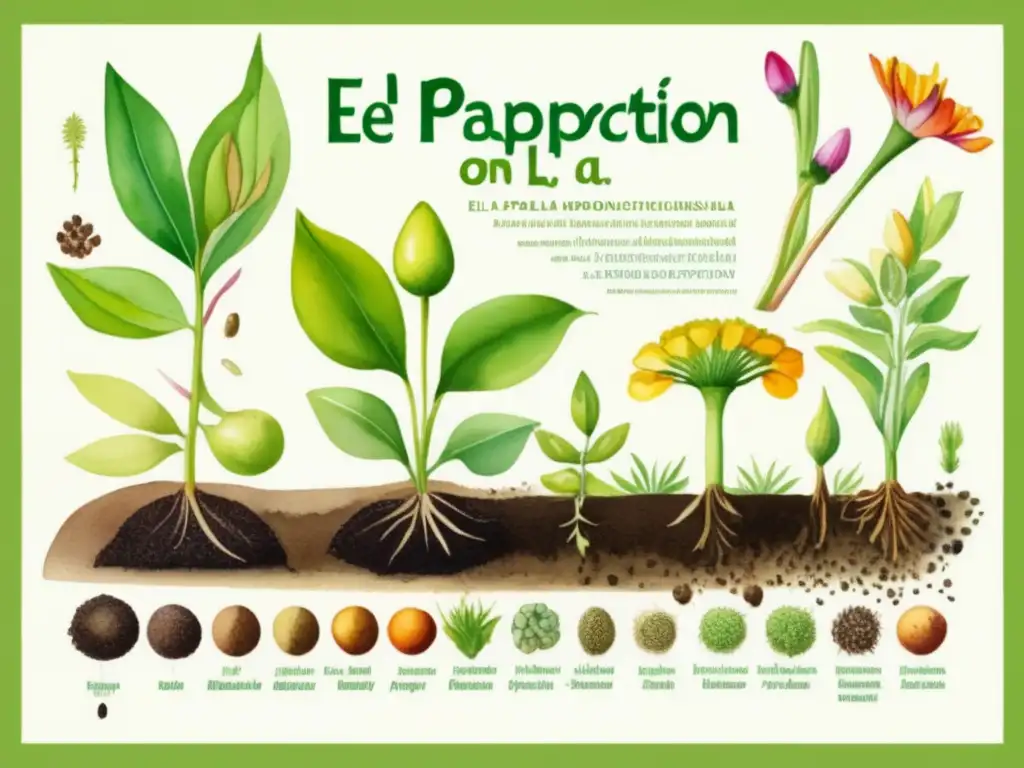 Ilustración detallada de la respiración en plantas: germinación, floración y dispersión de semillas