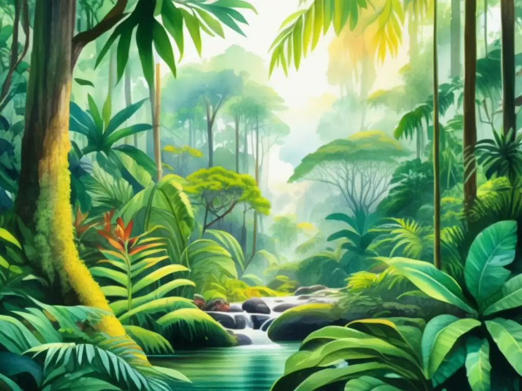 Cambio climático y especies vegetales en peligro en exuberante pintura acuarela de una selva tropical