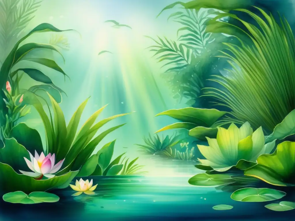 Pintura acuarela detallada de escena submarina tropical con plantas acuáticas exóticas y raras