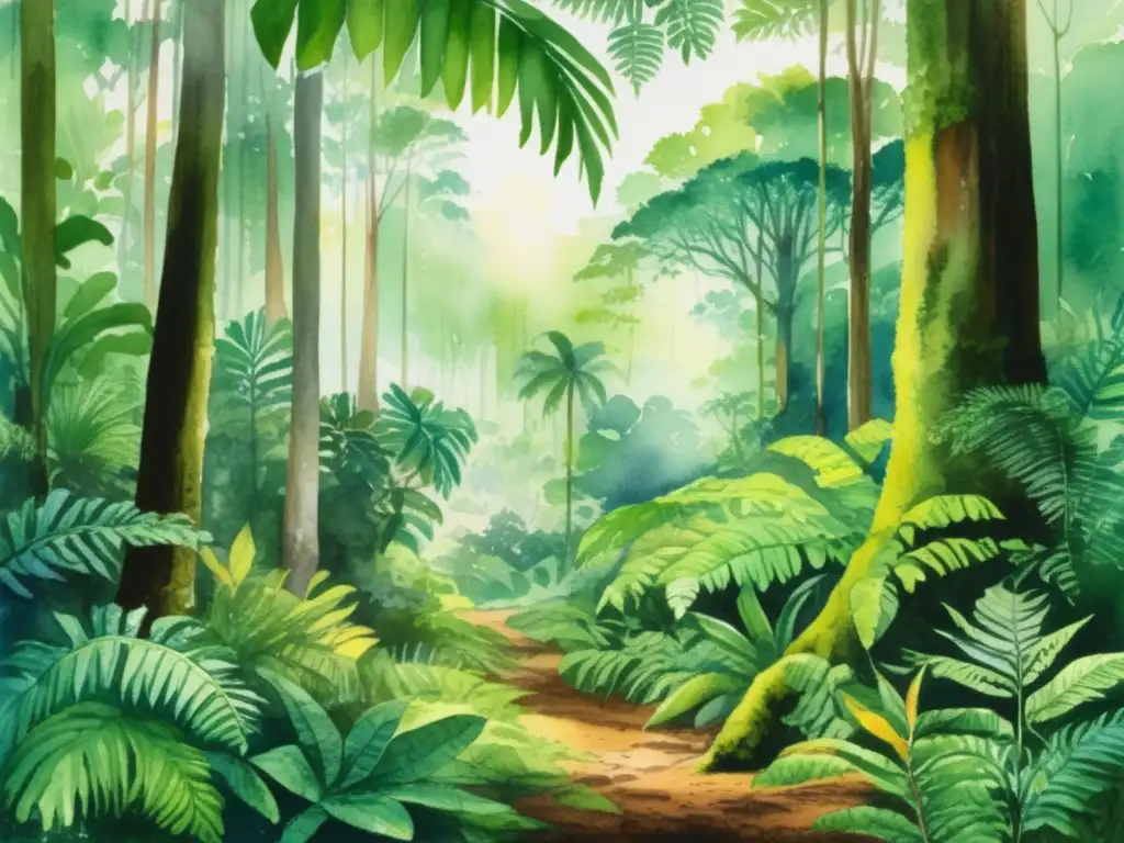 Selva tropical: escena de una exuberante selva tropical con árboles altos y gente indígena recolectando plantas medicinales