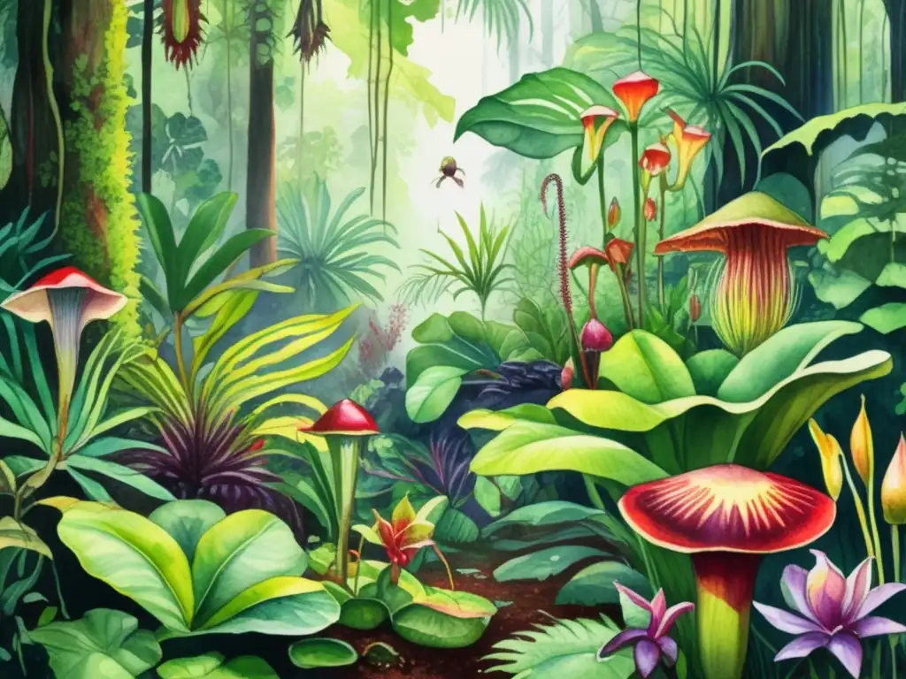 Un bosque tropical exuberante con plantas carnívoras fascinantes y vibrantes colores