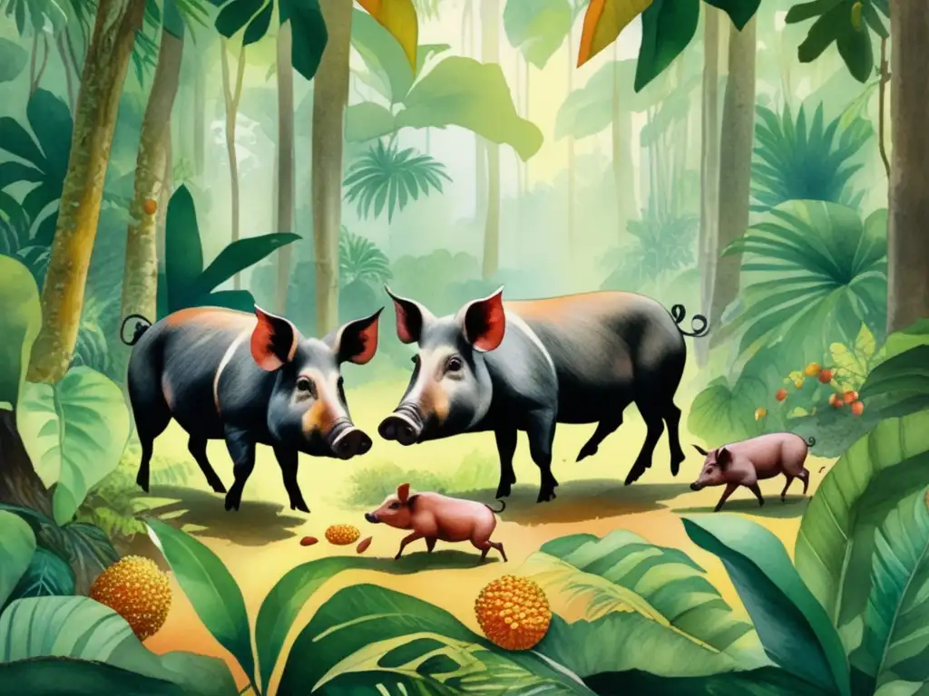 Pigs foraging in lush tropical forest, showcasing seed dispersal importance