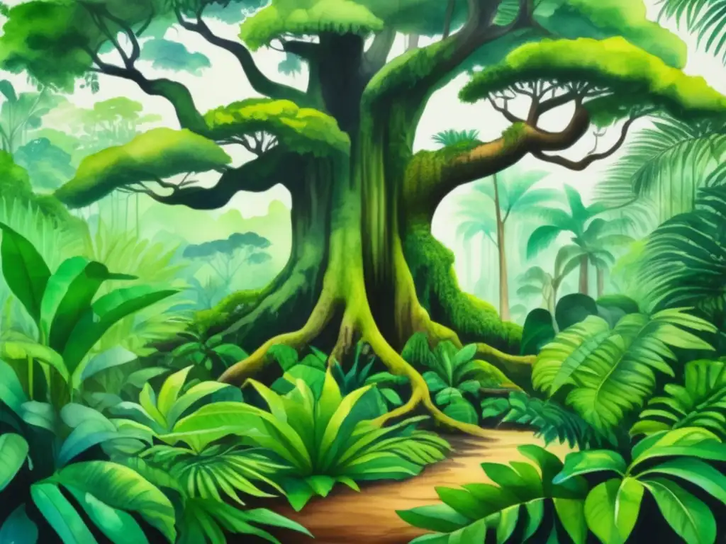 Un exuberante bosque tropical con árbol majestuoso, plantas diversas, luz dorada y beneficios medicinales de las plantas tropicales