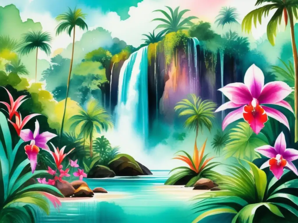 Pintura acuarela: Bosque tropical con plantas medicinales tropicales