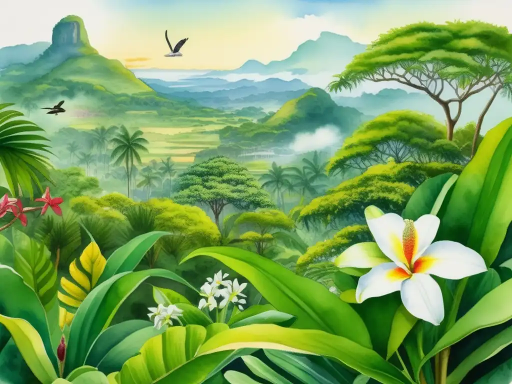 Un exuberante paisaje tropical de Madagascar con un Jazmín de Madagascar en flor rodeado de flora nativa y hermosos elementos naturales