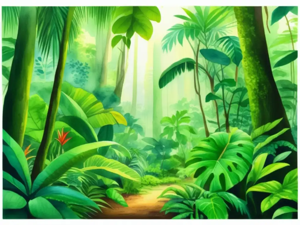 Biodiversidad plantas bosques tropicales, escena detallada de una selva tropical con colores vibrantes y vida vegetal diversa