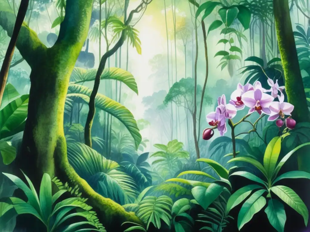 Pintura detallada de una selva tropical exuberante