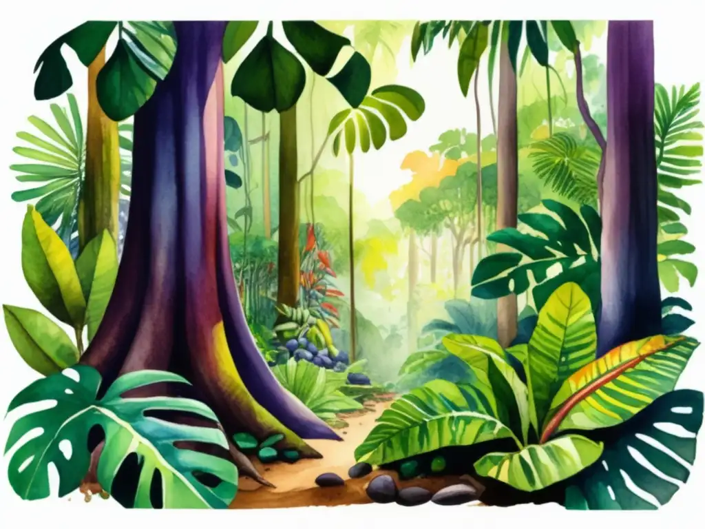 Ilustración detallada de una exuberante selva tropical con un árbol de cacao y pods de colores brillantes