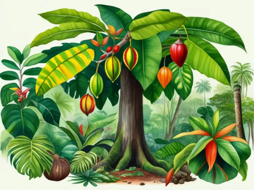 Ilustración detallada de una exuberante selva tropical con árboles, plantas y flores exóticas