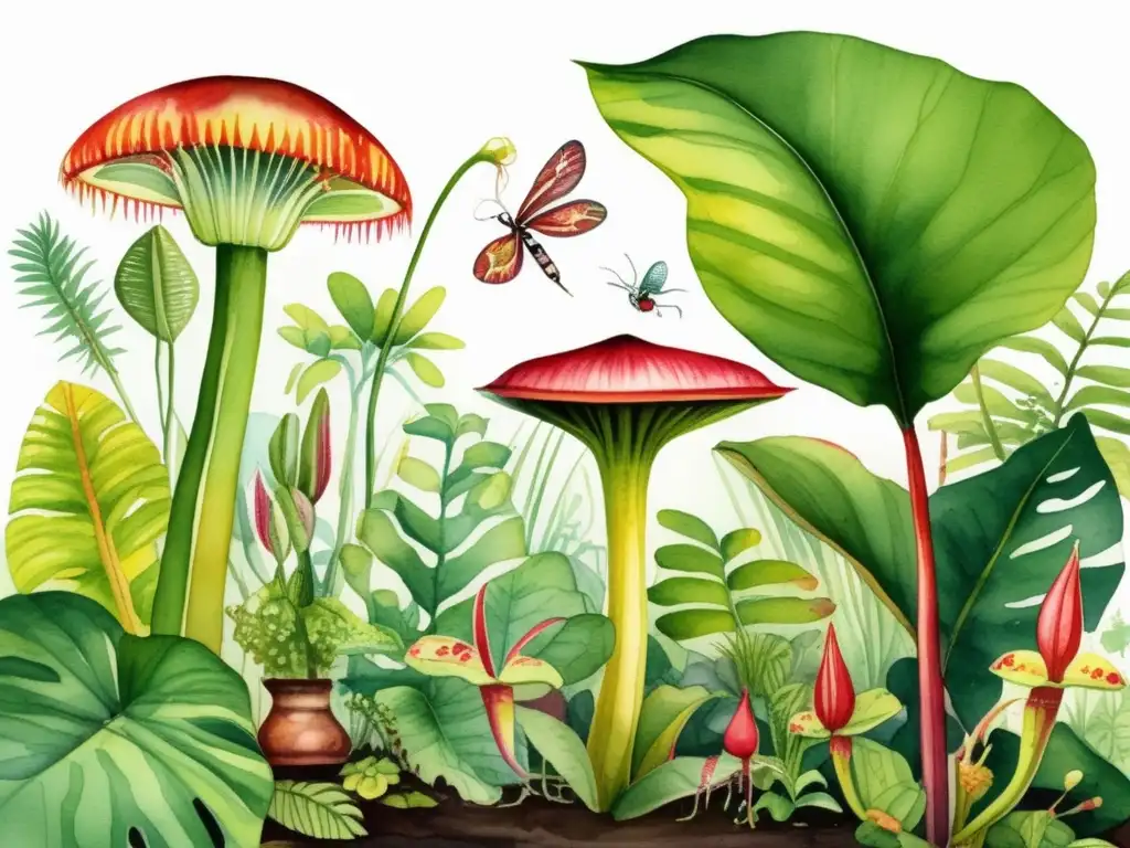 Ilustración detallada de una exuberante selva tropical con árboles imponentes y vegetación densa