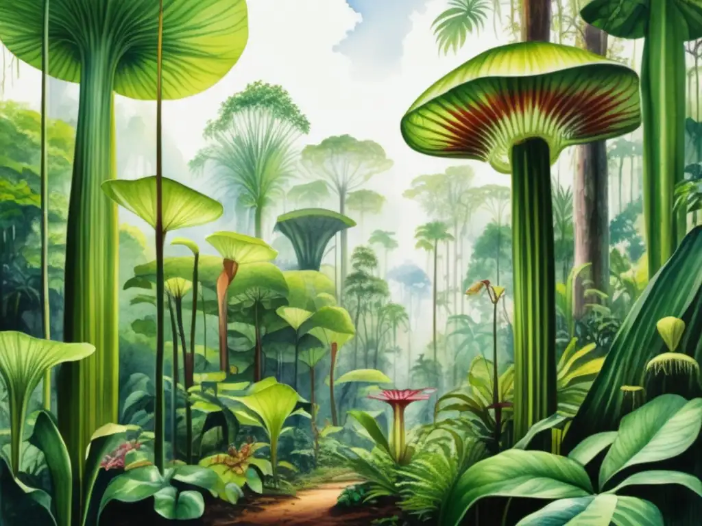 Exuberante selva tropical con plantas carnívoras Ciclos de vida y reproducción de plantas carnívoras en exuberante escena de selva tropical