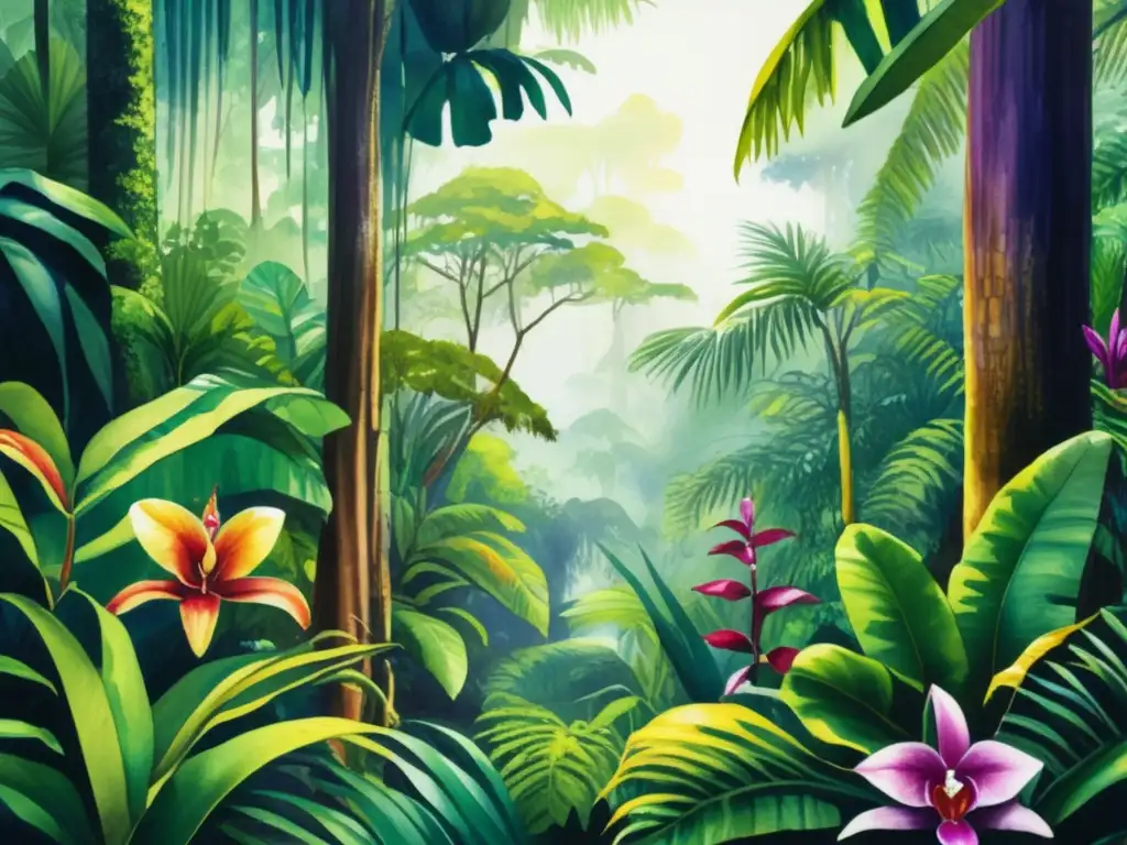 Selva tropical llena de plantas, cascada y biodiversidad -