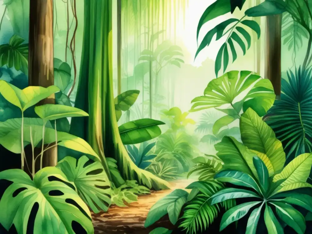 Ilustración acuarela detallada de un exuberante bosque tropical con una diversidad increíble de plantas