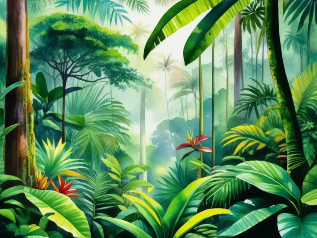 Ecosistema de selvas tropicales con vida diversa y vibrantes colores en una imagen detallada de acuarela