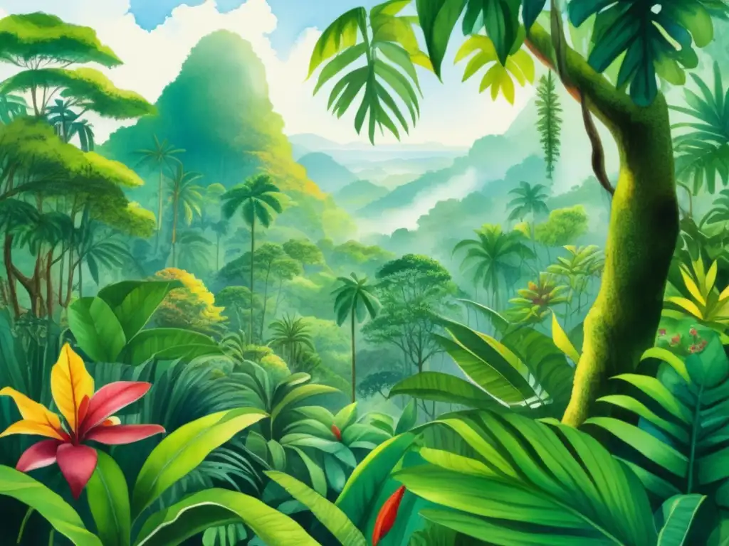 Importancia de la etnobotánica indígena: ilustración detallada de selva tropical exuberante con plantas vibrantes