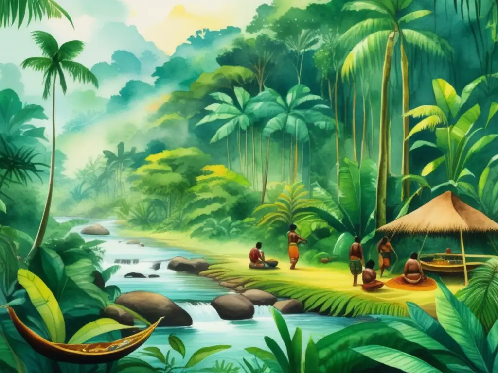 Lush rainforest scene with indigenous people showcasing importance of plants in leather industry