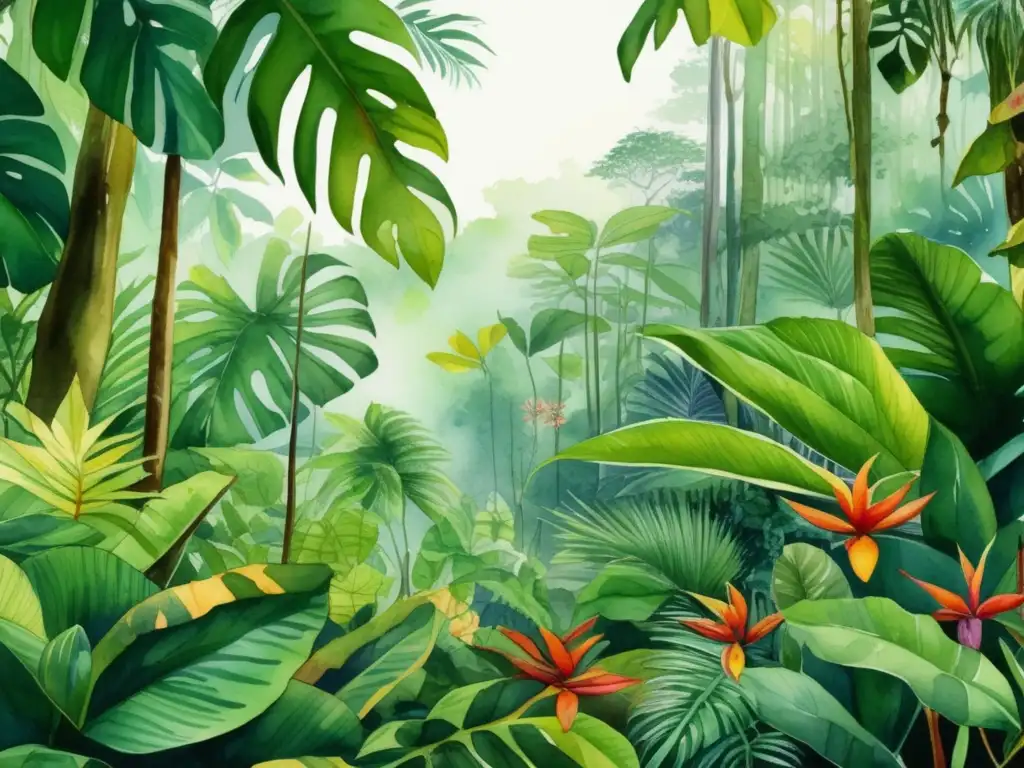 Impacto cambio climático en plantas medicinales: detallada ilustración acuarela de exuberante selva tropical con diversidad de plantas curativas