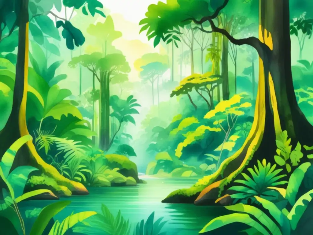 Ilustración acuarela vibrante de una exuberante selva tropical, con plantas medicinales y tradiciones indígenas