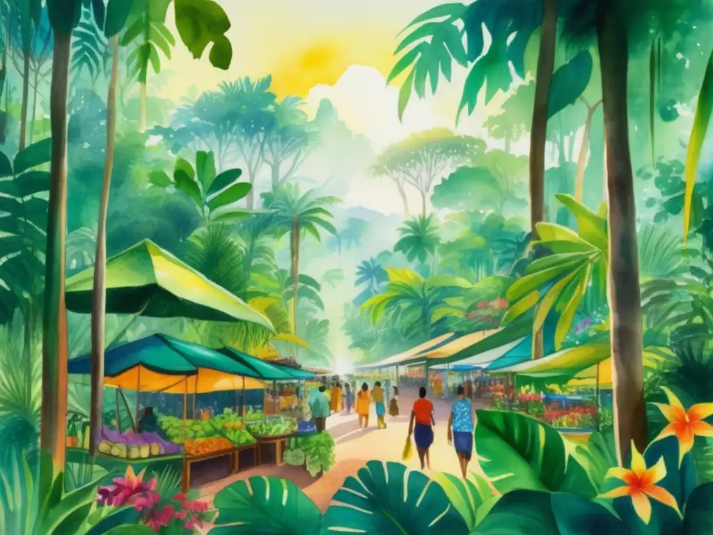 Pintura acuarela vibrante: selva tropical con mercado y biodiversidad botánica