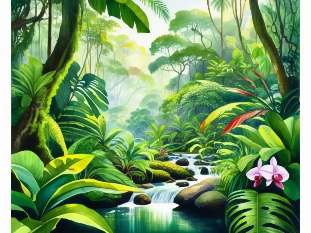 Plantas selvas tropicales: imagen detallada acuarela de exuberante escena selva tropical, con árboles altos, orquídeas coloridas y cascada serena