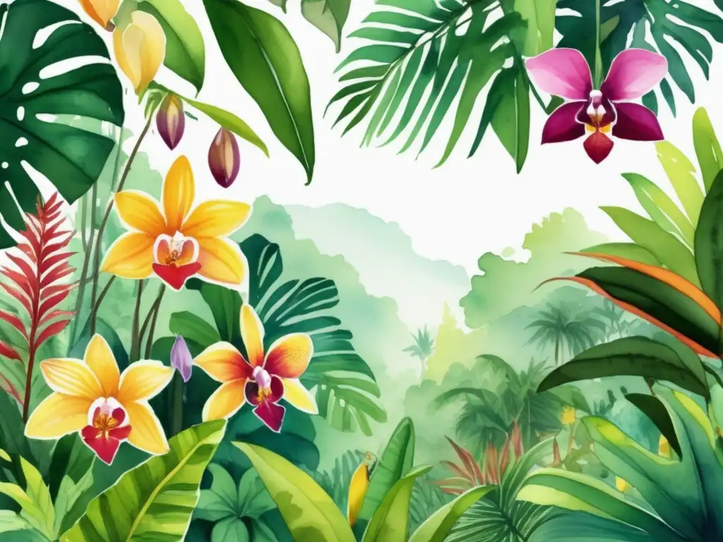 Ilustración acuarela vibrante de una exuberante selva tropical con una variedad fascinante de plantas exóticas