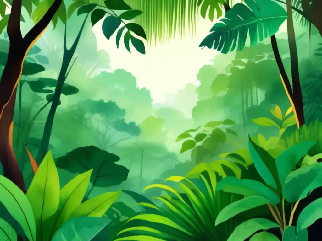 Ilustración acuarela de selva tropical resaltando la importancia de las plantas tropicales para la fauna