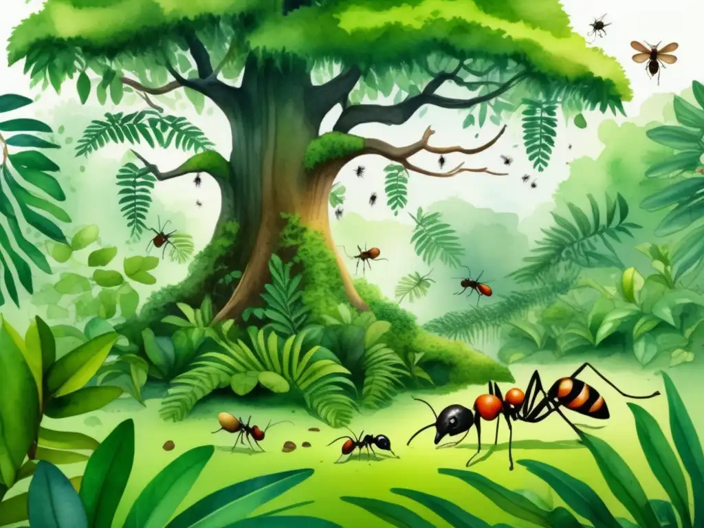 Ilustración detallada en acuarela de alta resolución (8k) de una exuberante escena de selva tropical