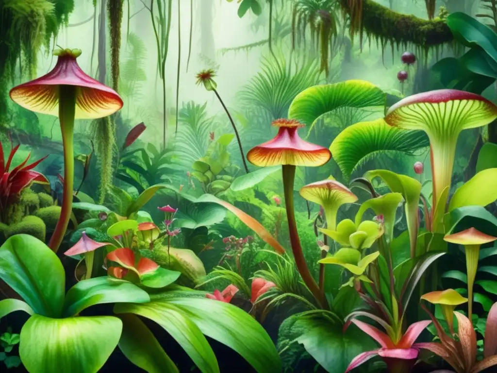 Estudio de la anatomía de plantas carnívoras en imagen 8k de selva tropical con gran variedad de especies (110 caracteres)