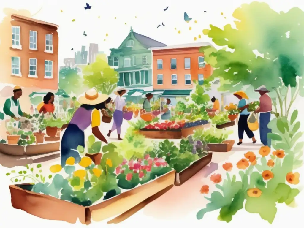 Beneficios de la agricultura urbana: Jardín urbano vibrante con diversidad de personas cuidando plantas y cosechando alimentos frescos