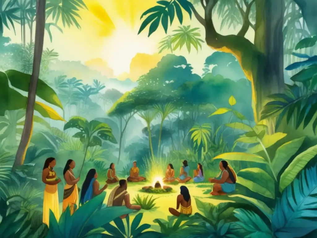 Ilustración acuarela impresionante de una escena de selva exuberante con tonos vibrantes de verde, azul y amarillo