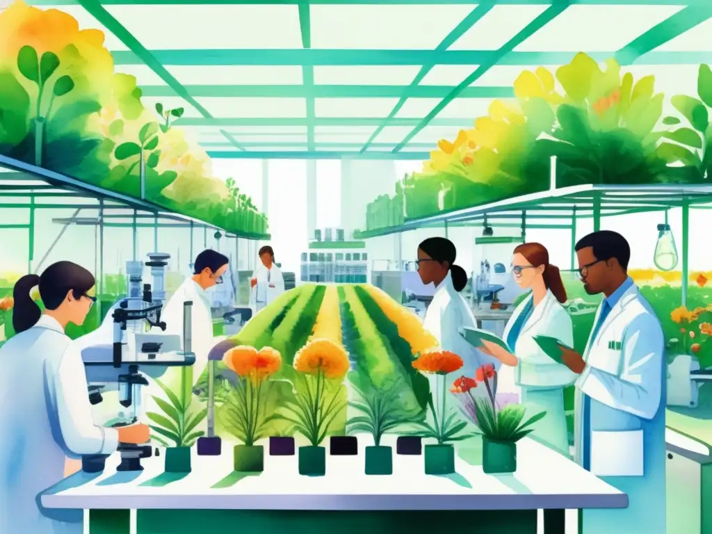 Biotecnología Vegetal combatiendo Desnutrición: Diverso paisaje con científicos en laboratorio biotecnológico