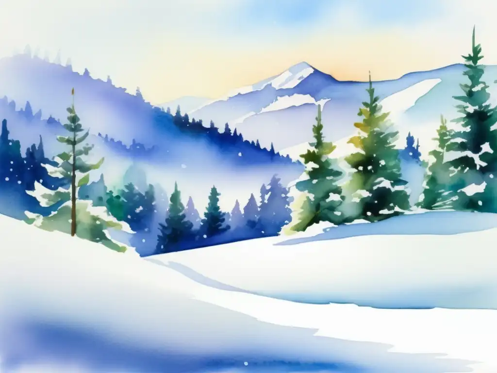 Pintura acuarela invierno con paisaje nevado y plantas ornamentales de clima adecuado