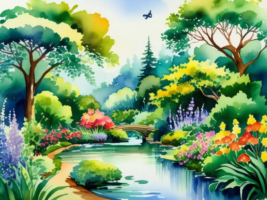 Pintura acuarela de un exuberante jardín con árboles, plantas y flores