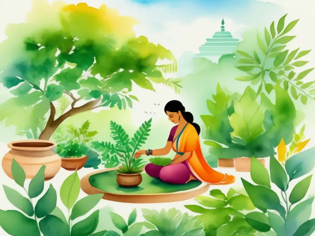 Ilustración de jardín Ayurveda histórico en India con plantas medicinales -