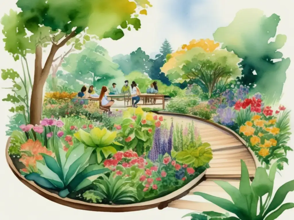 Ilustración acuarela de jardín botánico, vibrante y detallada, con estudiantes capturando belleza en arte y botánica