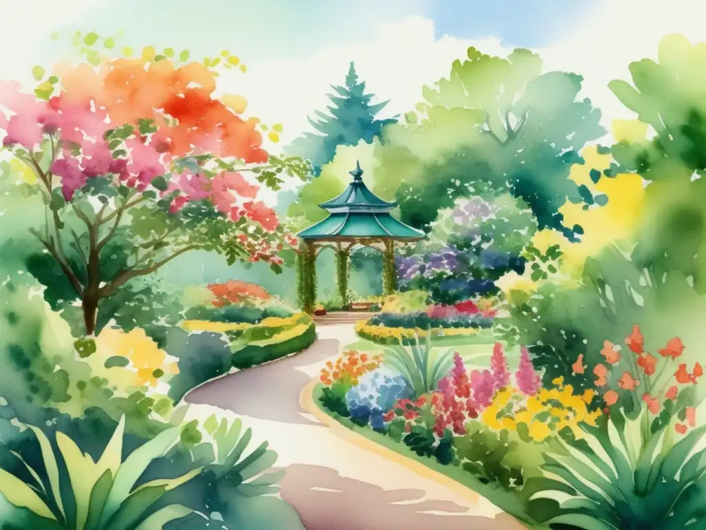 Ilustración acuarela de un exuberante jardín botánico