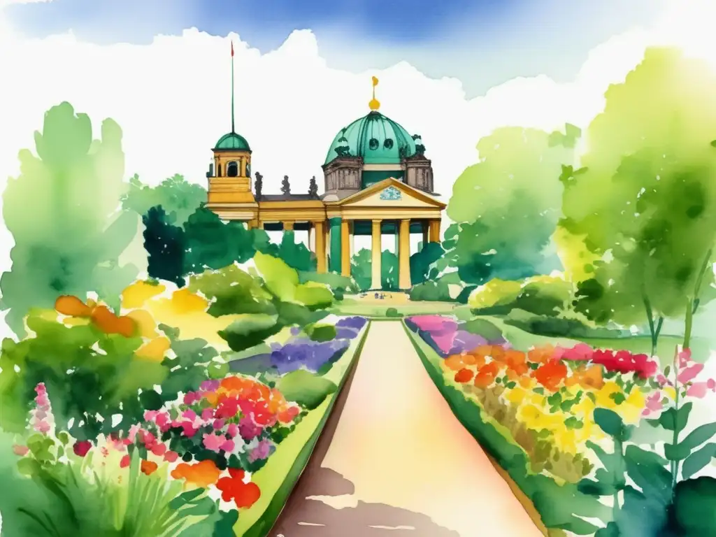 Ilustración acuarela Jardín Botánico de Berlín: Flora Alemana en paisaje encantador