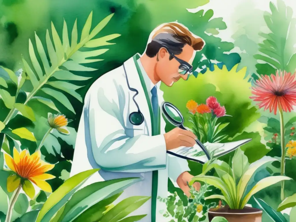 Importancia de la botánica en farmacología: Jardín botánico con plantas exuberantes y botánico examinando una muestra