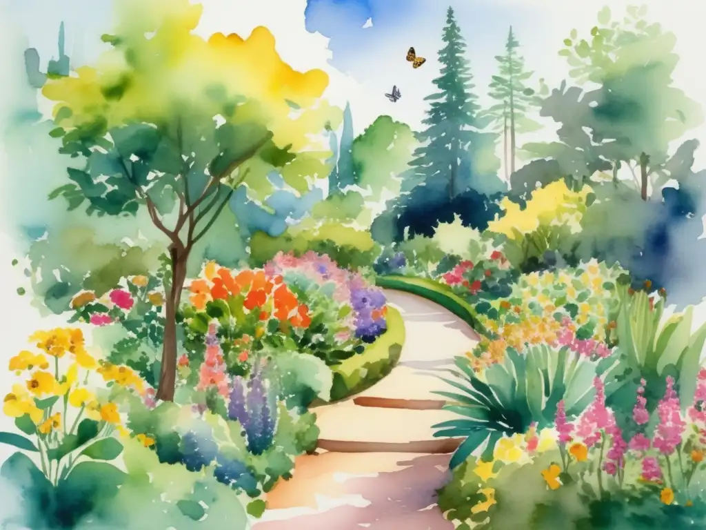 Ilustración acuarela jardín botánico, diversidad plantas, árboles, flores, sendero, conservación genética