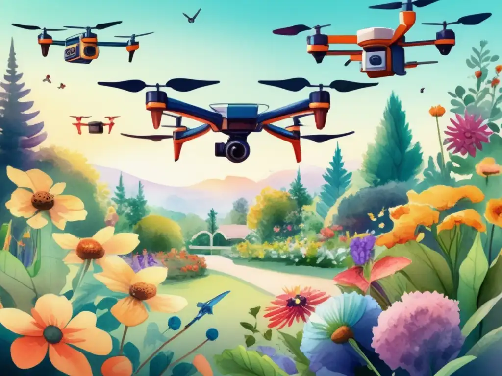 Ilustración acuarela de jardín exuberante con drones de jardinería - Beneficios de utilizar drones en jardinería