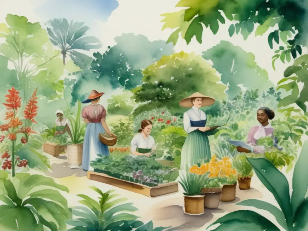 Mujeres pioneras en botánica moderna explorando un exuberante jardín botánico lleno de plantas diversas