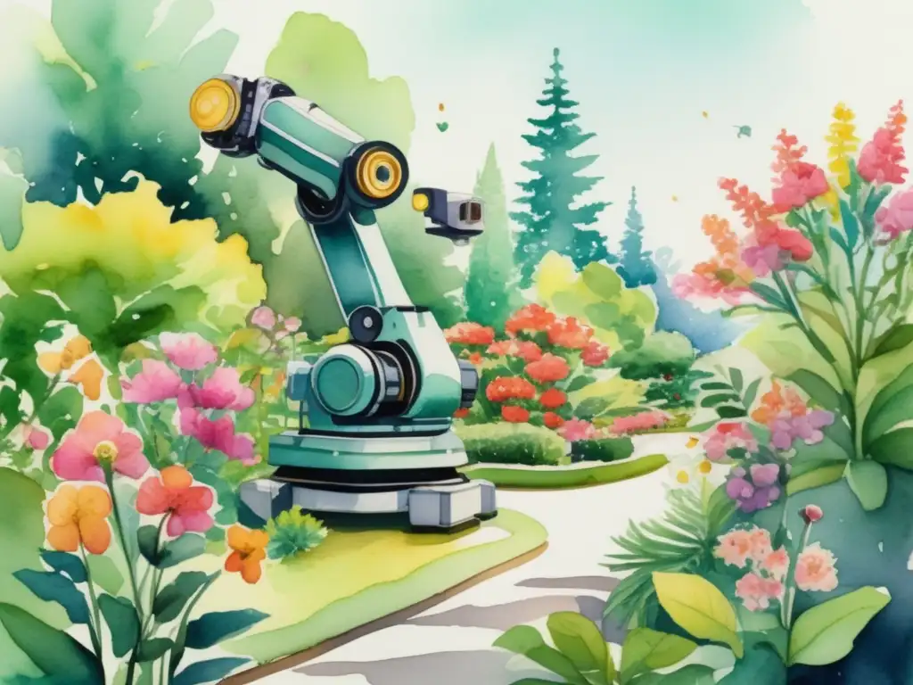 Robots en investigación botánica: Jardín botánico con flores vibrantes, árboles altos y un brazo robótico examinando hojas