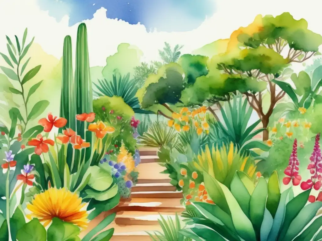 Ilustración acuarela de jardín botánico con plantas medicinales para digestión saludable